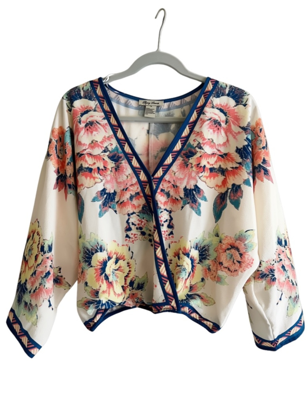 Flying Tomato Boho Floral V-Neck Wrap Blouse with Navy Trim